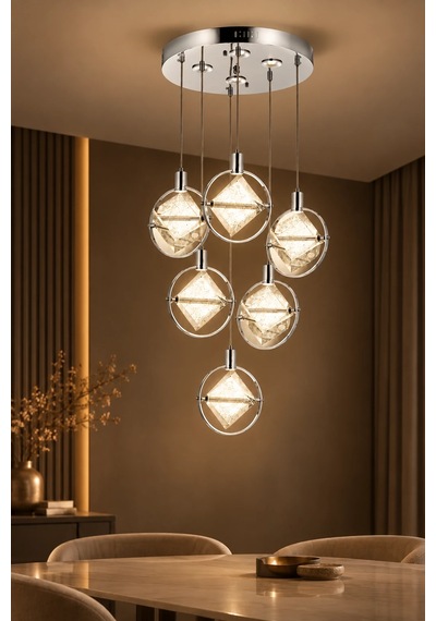 Modern Premium Krom 6'lı Sarkıt Avizesi Ledli Cam 27w Beyaz Işık 4000k Modelleri Salon Yatak Odası