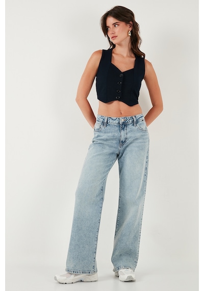 Lela Slim Fit Kalp Yaka Düğmeli Kalın Askılı Crop Bayan Yelek 5865497 Lacivert