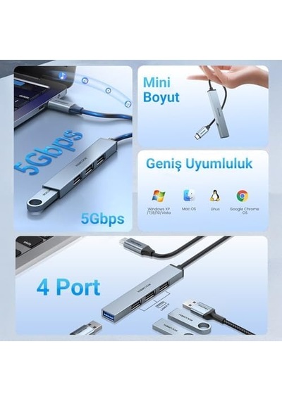 Type-c 5gbps 4 Portlu Usb-a 3.0 Çoklayıcı Dönüştürücü Hub
