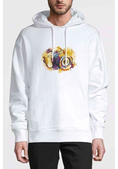 Film Camera Çizim Kamera Baskılı Beyaz Erkek Kapşonlu Sweatshirt