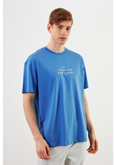 Leo Erkek Oversize Tshirt Pamuk Bisiklet Yaka Baskı Detaylı Basic Tişört Mtlce82 Mavi