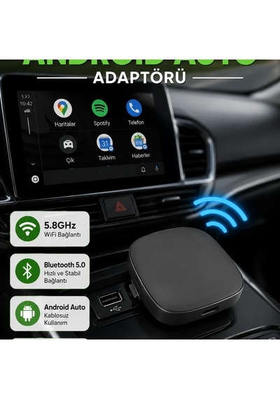 Kablosuz Android Auto Adaptörü 5.8ghz Wifi Bluetooth 5.0 Usb Bağlantı