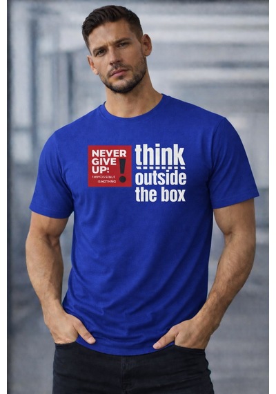 Herkesemoda Think Outside Yazı Detaylı Basic T-shirt Mavi