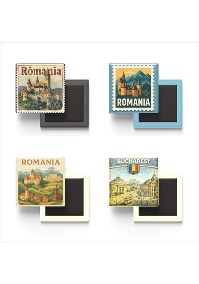 9x9 Cm Buzdolap Magnetleri - Romanya - Romania - 4'lü Set Retrotik - 9x9 Cm