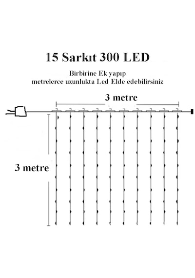 300 Ledli 15 Sarkıt Perde Led Işık-8 Fonksiyon, 3x3 Metre Günışığı Ledli Saçak Ledi Günışığı