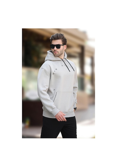 Madmext Boyalı Gri Kapüşonlu Cep Detaylı Nakışlı Erkek Sweatshirt 7054-boyalı Gri Boyalı Gri