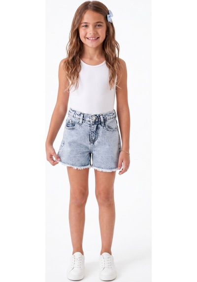 Onloox Kız Çocuk Açık Mavi Kız Çocuk Açık Mavi Pamuklu Denim Geniş Paça Regular Fit Paçası Püskül Detaylı Jean Şort 5-9 Yaş
