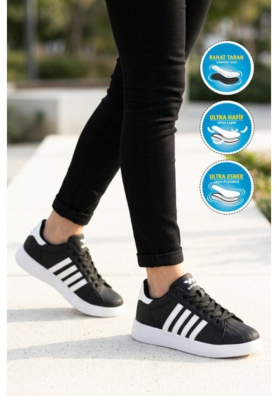 Walkway Siyah Beyaz Bağcıklı Cilt Hafif Unisex Spor Ayakkabı Senti G Siyah - Beyaz