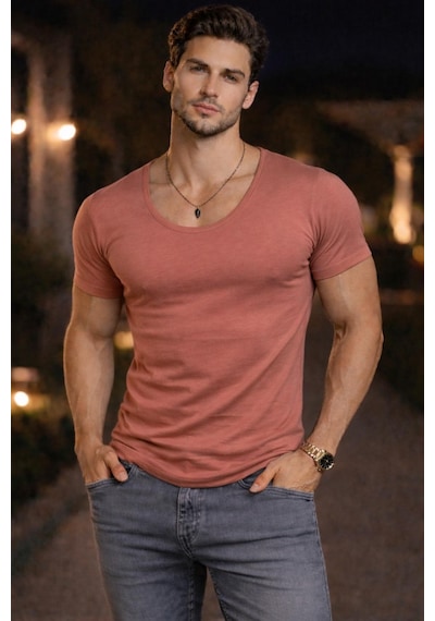 Bybülent Erkek Oval Yaka Tişört Açık Yaka Likralı Slim Fit T-shirt Pudra