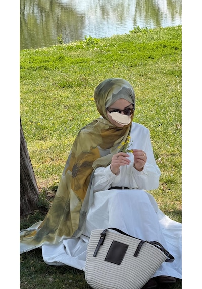 Qalortex Scarf Pamuklu Rosaly Desen Şal-yağ Yeşil Yağ Yeşili