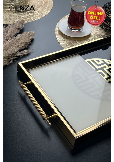 Mint Gold Tepsi Cam Baskılı 48x29 Cm Siyah