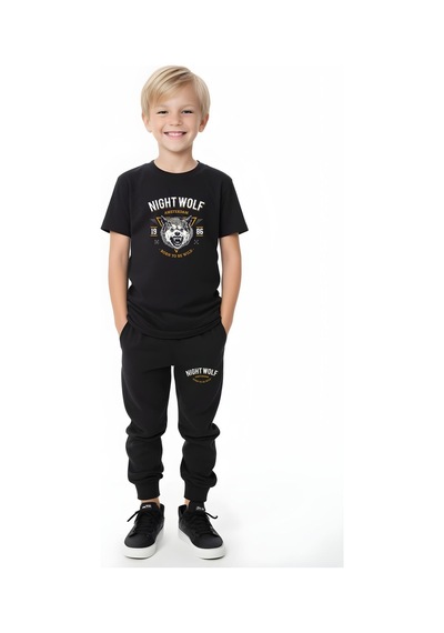 Fyk Kids Erkek Çocuk Mevsimlik Nıght Wolf Baskılı Alt-üst Takım Siyah