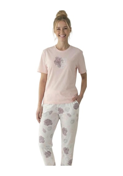 Donwear Kadın %100 Pamuk Kısa Kollu Pijama Takımı Pembe