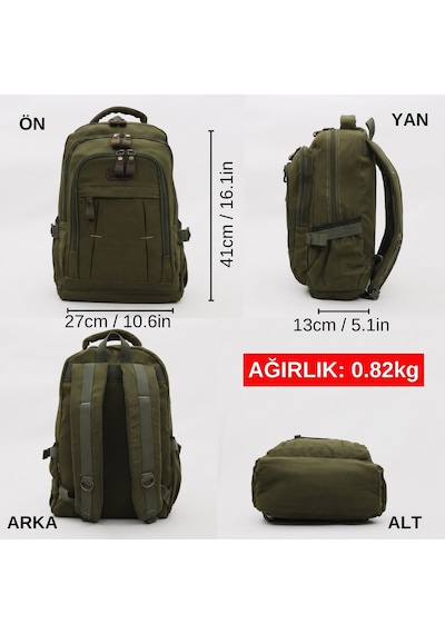 4022 Haki Krem Sarı Vintage Sırt Çantası, 15.6 Inç Bilgisayar Bölmeli, Geniş Hacimli Hakiki Deri Detaylı Pamuklu Okul Ve