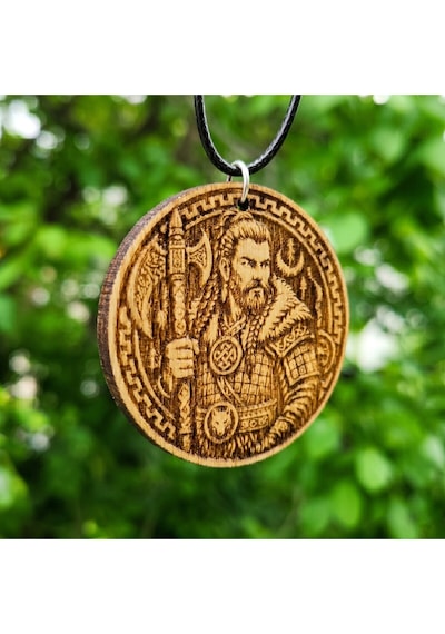 Göktürk Alp Savaşçı Ve Bozkurt Motifli Ahşap Erkek Kolyesi 44 Mm 011 - Kahverengi