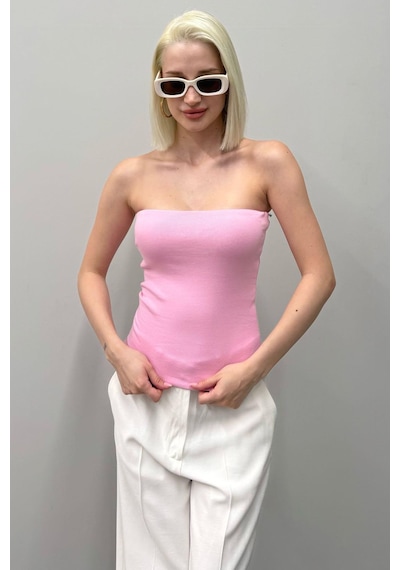 Seeh Pembe Straplez Basic Kadın Bluz Sh247 Standart