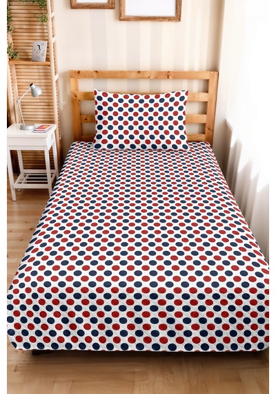 Kırmızı Puantiyeli Genç Odası Tek Kişilik Pike Takımı - Lacivert Geometrik 160x220 Cm Yatak Örtüsü Esintili Çayır Aurası
