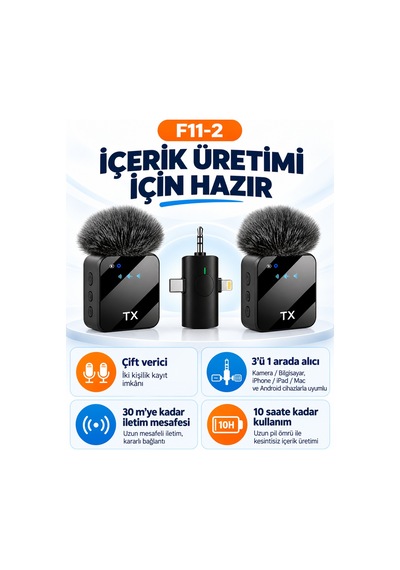 Kablosuz Yaka Mikrofonu 2 Li Mikrofon 3 İn 1 Wireless Microphone