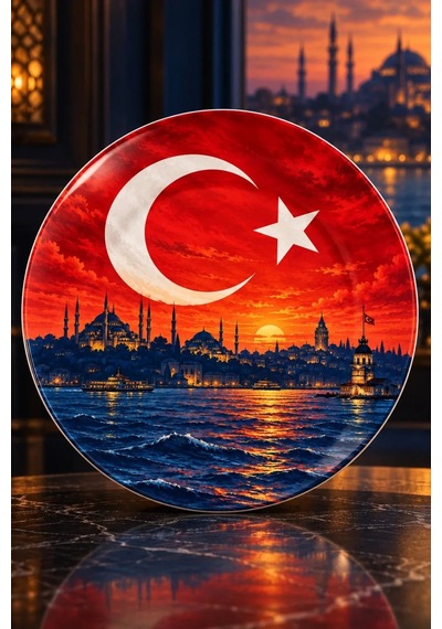 Dekoratif Duvar Tabağı Al Bayrak Zarafeti Dekorlu Seramik Tabak Gri