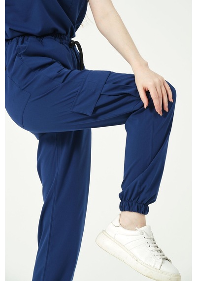 Saks Mavi Likralı Kargo Cep Jogger Paça Doktor Hemşire Forması Tek Alt Unisex