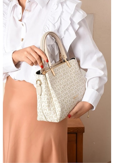 Just Polo Kadın Baskılı Ayarlanabilir Askılı Shopper El & Omuz Çantası Shoulder Bag Krem