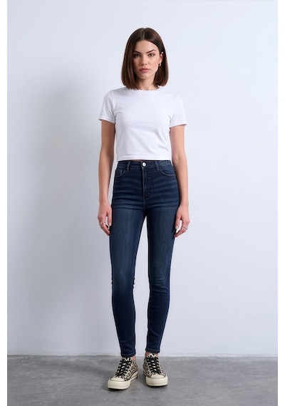 Bluew White Kadın Koyu Mavi Yüksek Bel Slim Fit Likralı Jean Pantolon