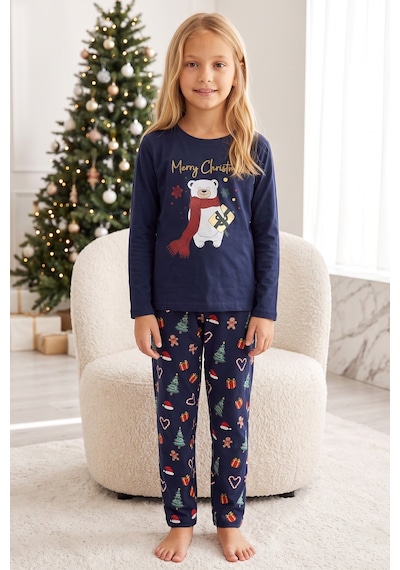 Siyah İnci Yılbaşı Temalı Pamuklu Likralı Örme Pijama Takım26241177 Lacivert