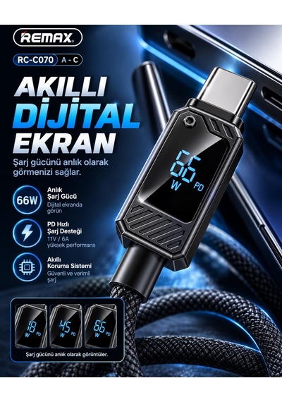 Remax Suxien Serisi Rc-c070-s 66w Akıllı Dijital Ekranlı Usb-a To Type-c Hızlı Şarj Ve Data Kablosu 1.2 Metre Siyah