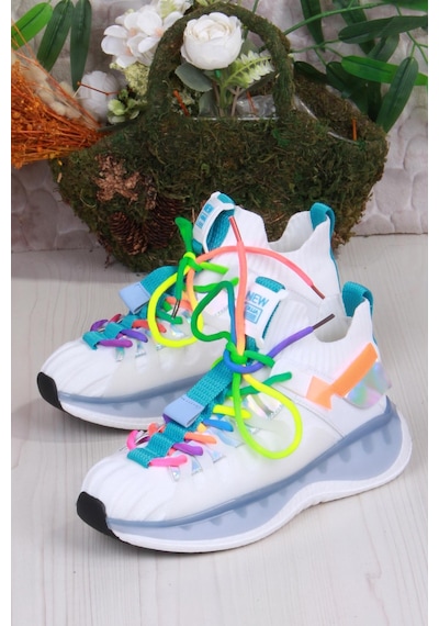 Guja Karsu Rahat Esnek Özel Tasarım Renkli Bağcuklı Sneaker Kadın Ayakkabı Beyaz