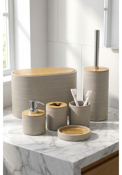Makri Home 6 Parça Toprak Banyo Seti, Bambu Detaylı, 8l Çöp Kovası 24x26x16 Cm Kahverengi