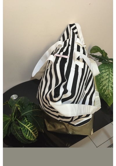 Victoria's Secret Vs Siyah Beyaz Çizgili Gold Taban Askılı Duffle Carryall Tote Siyah