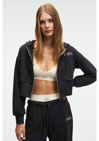 Grımelange Elara Kadın Metal Fermuarlı Nakışlı Kapüşonlu Crop Antrasit Sweatshirt Antrasit