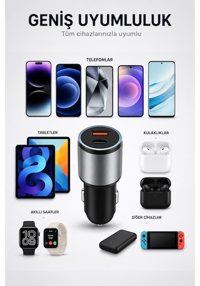 Araç Şarjı - Type-c + Usb 2 Port Hızlı Şarj Adaptörü - Uzun Yolda Şarjın Bitmesin - İphone Android Tüm Telefonlar Cihazlar Uyumlu 55w