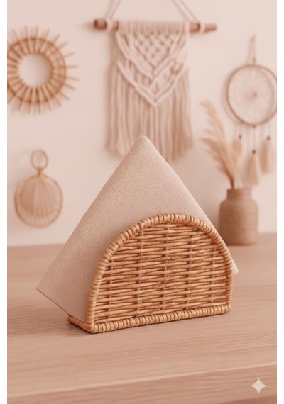Boho El Yapımı Rattan Peçetelik - Masa Üstü Ve Mutfak İçin Doğal Hasır Peçete Tutucu, Bohem Ev Dekoru, Yarım Ay Tasarım Dikey Peçete Standı -