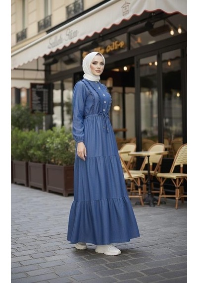 Hb Harma Time Butik Kadın Fırfır Detaylı Düğmeli Koyu Kot Mavi Elbise Koyu Mavi