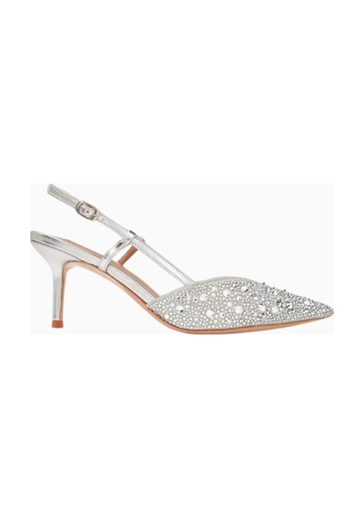 Nicoli Varese 70 Metalik Deri Slingback Topuklu Ayakkabı, Kristal Işlemeli Gümüş