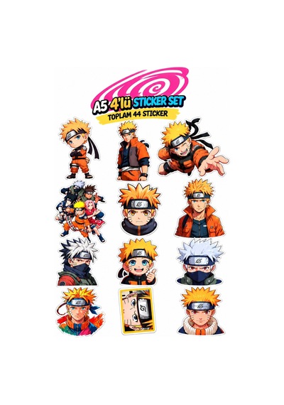 Anime Temalı Sticker Seti 4'lü A5 44 Adet Renkli Karakter Sticker Çıkartma Seti Çok Renkli