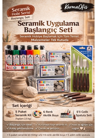 Seramik Hobi Başlangıç Seti 5x500gr Kil + 6'lı Akrilik Boya + 5'li Spatula Seti