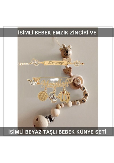 Sahi Aksesuar İsimli Bebek Emzik Zinciri Ve İsimli Bebek Künye Seti Bezyı695 Gri - Mavi