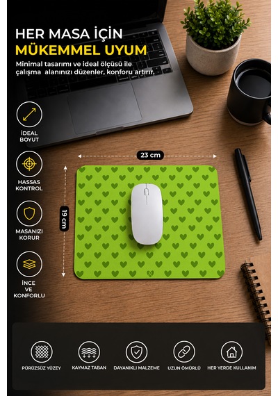 Yeşil Renkli Kalpli Desenli Ergonomik Mouse Pad, Kaymaz Yüzey İle Ev Ve Ofis Kullanımı İçin İdeal