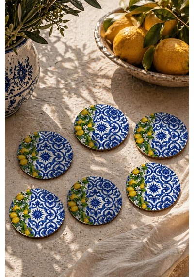 Motifli Limonlu Bardak Altlığı 6 Lı Set Sicilya Temalı 9 Cm Mdf Çok Renkli