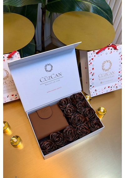 Premium Gift Rose Box - Miosa Süt Kahve Hakiki Deri Kadın Cüzdan Kahverengi Gül Kutusu Kahverengi