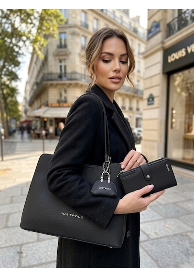 Just Polo Kadın Büyük Boy Premium Gümüş Logolu El Çantası Ve Cüzdanı Kombin Tote Bag Ebat : 22 X 34 Cm Siyah