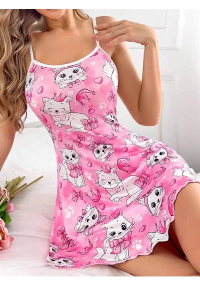 Emvera Kadın Pembe Kedi Desenli Gecelik