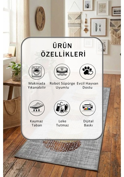 Ehl-99 Salon Mutfak Yatak Odası Yıkanabilir Yolluk Gri