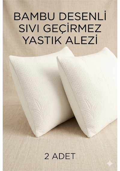 Bambu Desenli Sıvı Geçirmez Yastık Alezi 2 Adet Fermuarlı 50x70 Cm Yastık Kılıfı Beyaz