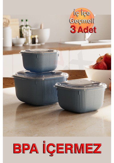 İç İçe Geçmeli Snaplid Kare Saklama Kabı 600 - 1100 - 1800 Ml Üçlü Set Bej