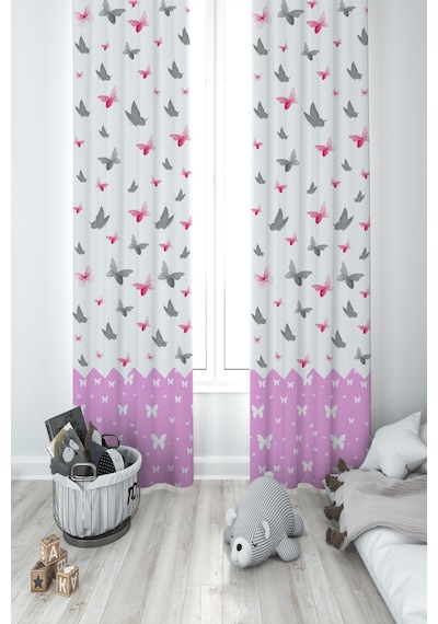 Mekta Home Bebek Ve Çocuk Odası Pembe Kelebek Desenli 2 Kanat Fon Perde