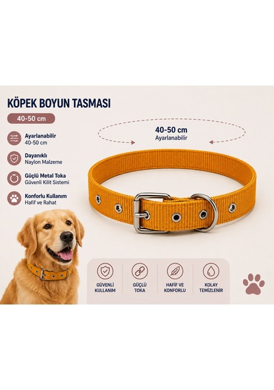 Köpek Boyun Tasması 40-50 Cm Ayarlanabilir Naylon Metal Tokalı D Halkalı - Hardal Sarı Çok Renkli