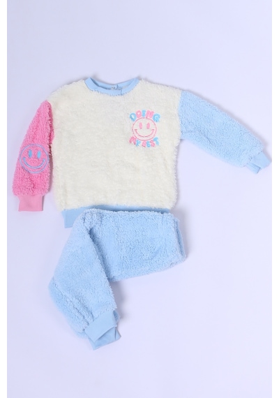 Hçm Çocuk Peluş Alt-üst Takım Baskılı Kolları Renkli D23 Mavi